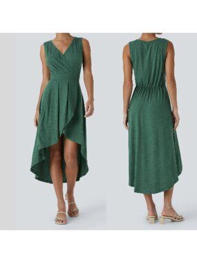 Halara Midi Summer Dress Medium Green Stretch Cinched Waist Vneck High Low Flowy